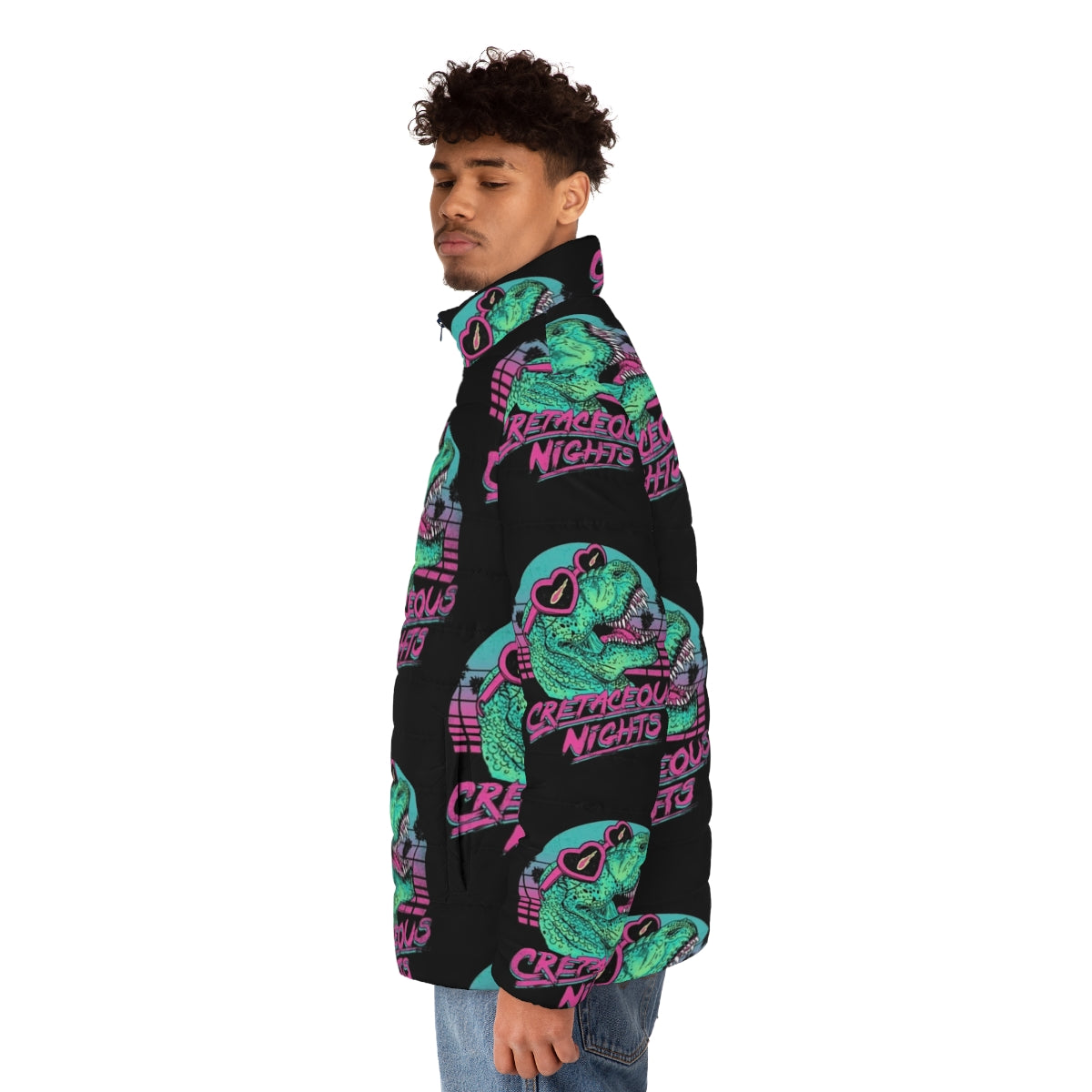 Cretaceous Puffer Jacket featuring a tyrannosaurus design in retro 80s style - men side left