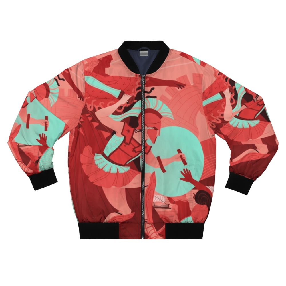 Vintage-style bomber jacket with Iliad and ancient Greek mythology graphics