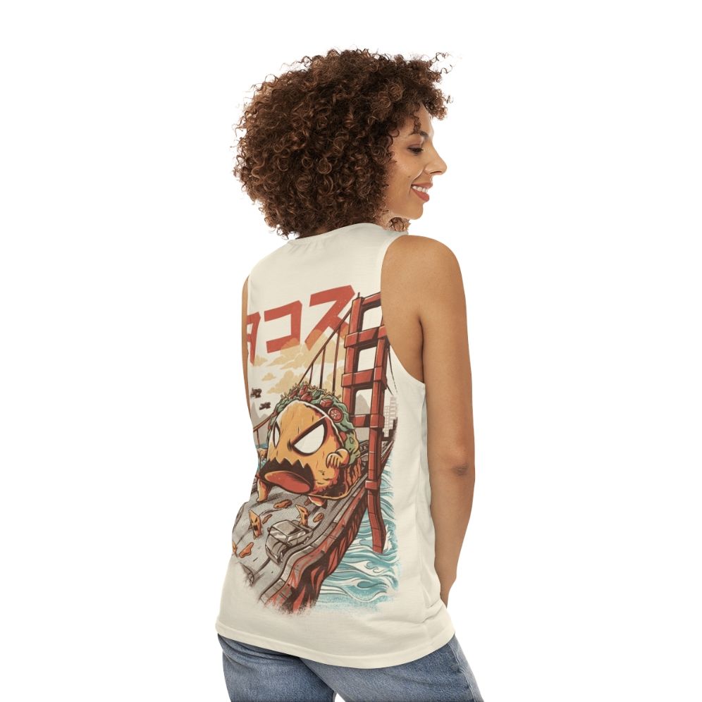 Unisex anime inspired Japanese kaiju graphic tank top - women back