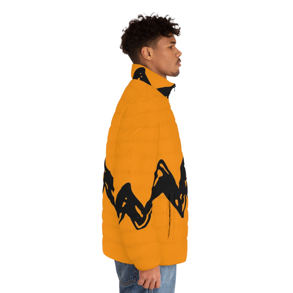 Black puffer jacket with ornament design, inspired by 80s cartoon characters - men side right