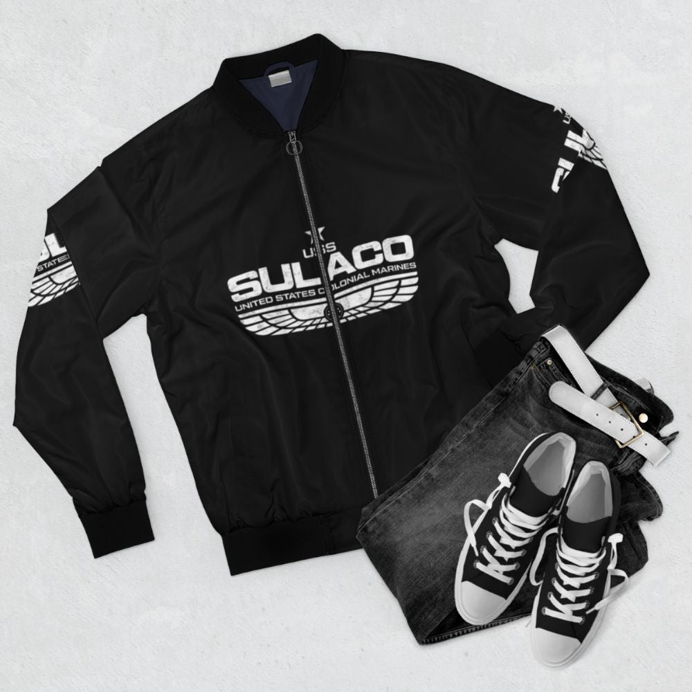 Sulaco (USS) White 2 Sci-Fi Bomber Jacket featuring alien, aliens, and Weyland Yutani references - Flat lay