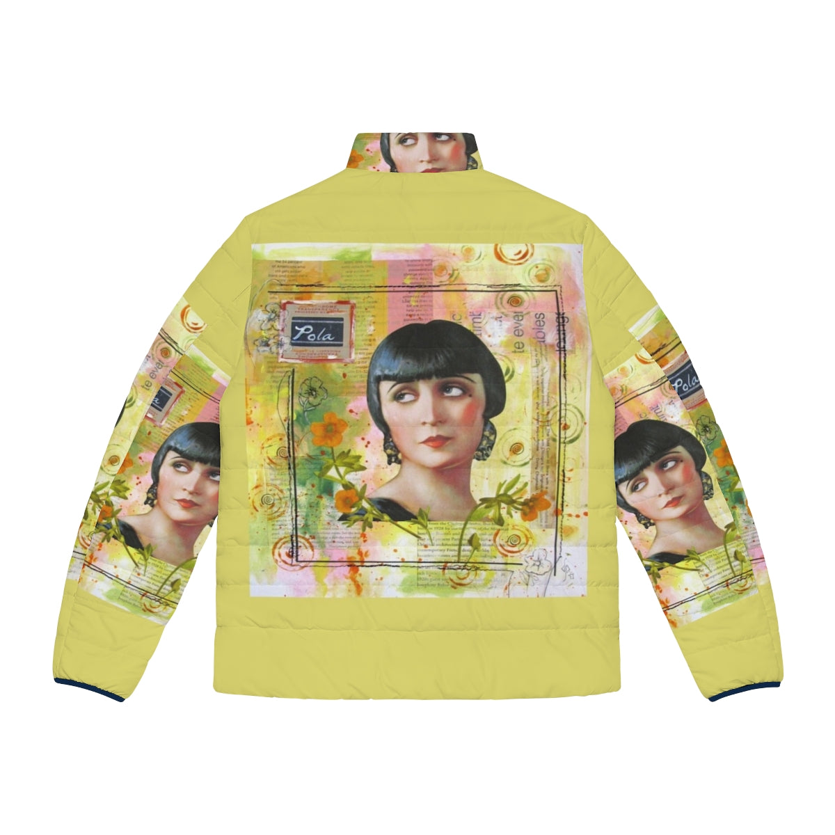 Pola Negri Collage Puffer Jacket featuring the 1920s silent film actress in a vintage Hollywood-inspired design. - Back