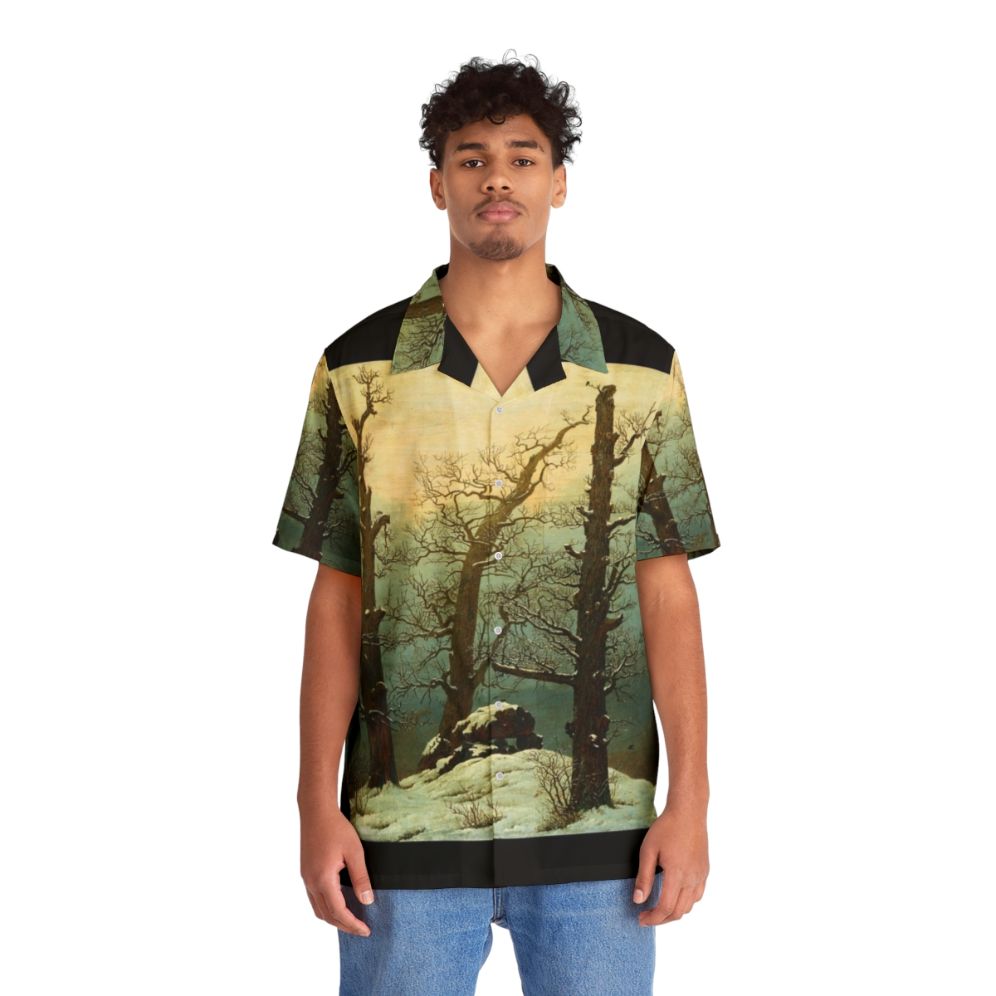 Caspar David Friedrich-inspired Hawaiian shirt with cairn in snow scene - People Front