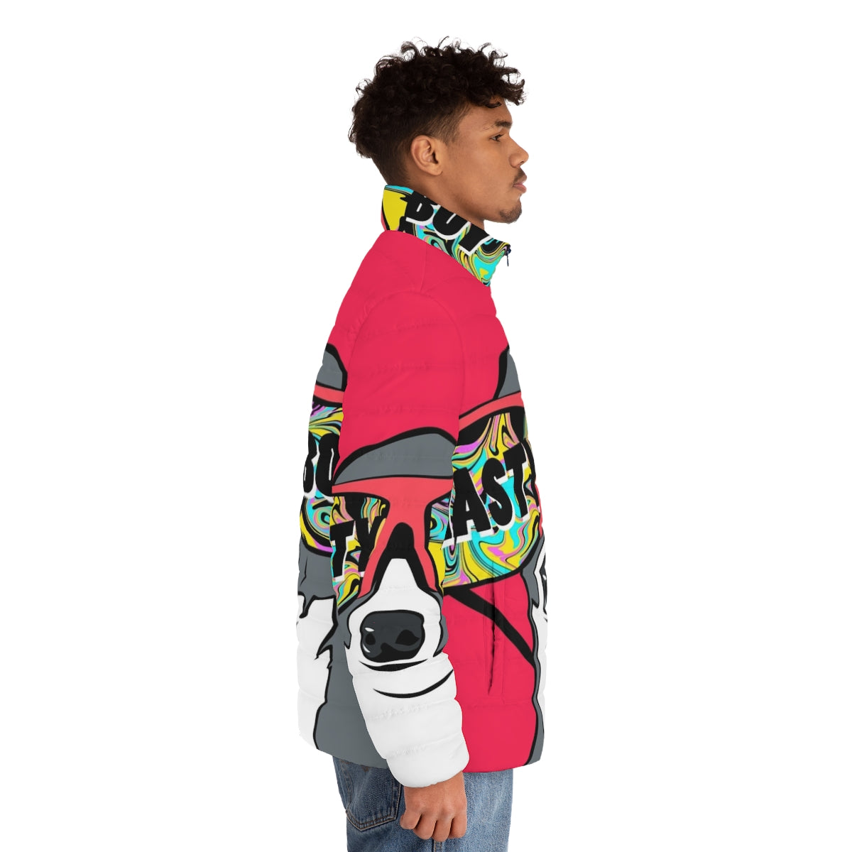 Kermit the Frog inspired puffer jacket with a cute dog design - men side right