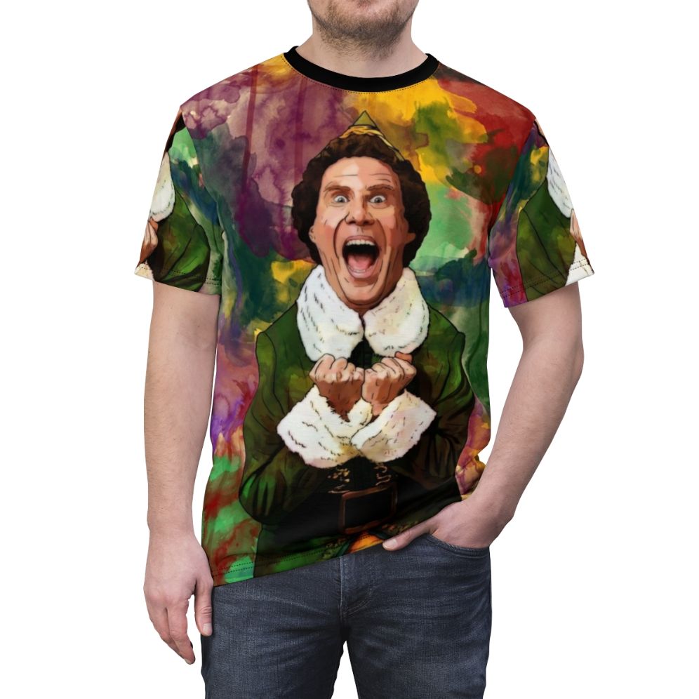 Festive elf-themed t-shirt with various holiday and Christmas references - men front