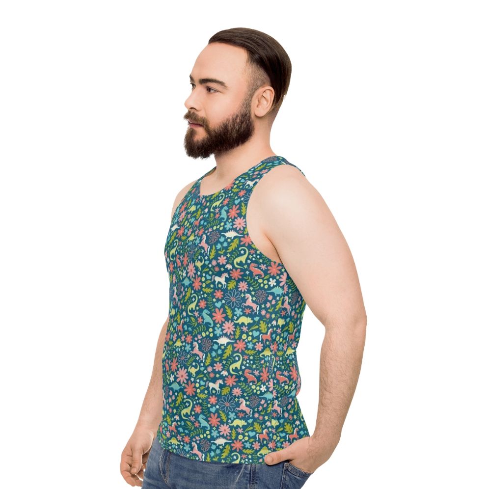 Dinosaur and unicorn unisex tank top with a floral pattern - men side