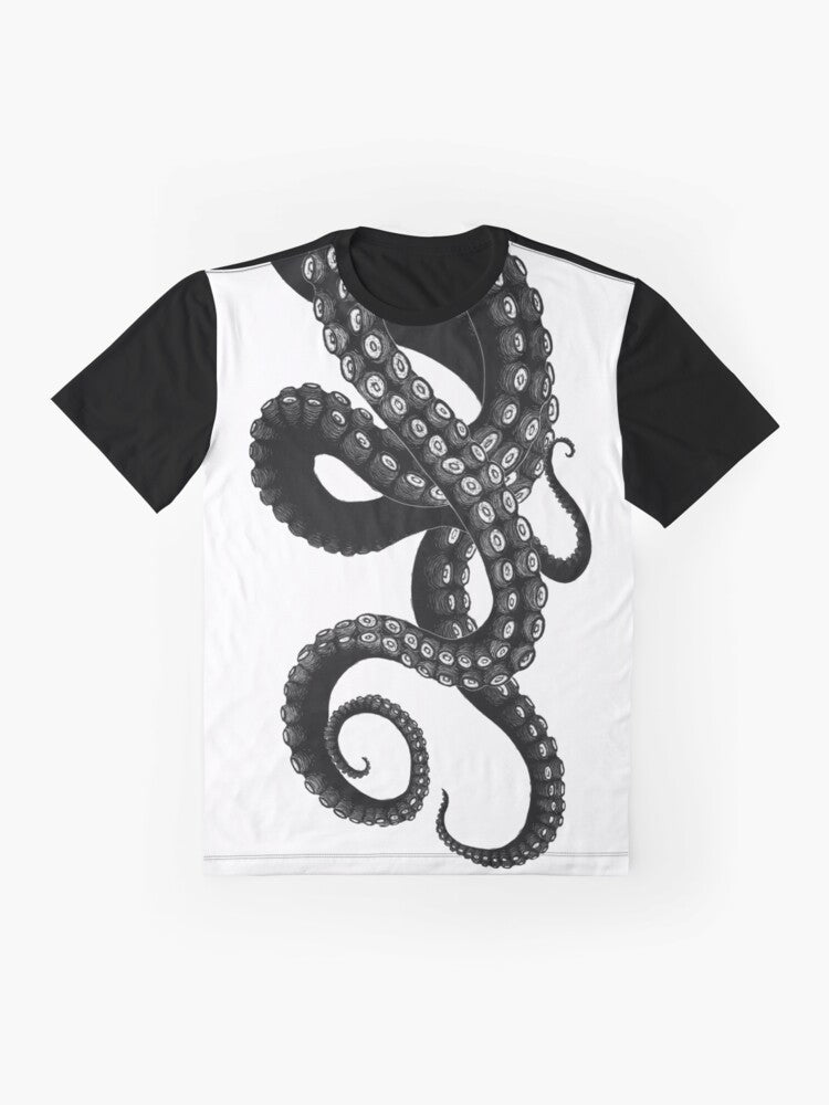 Graphic t-shirt design featuring a Kraken, a mythical sea creature with tentacles - Flat lay