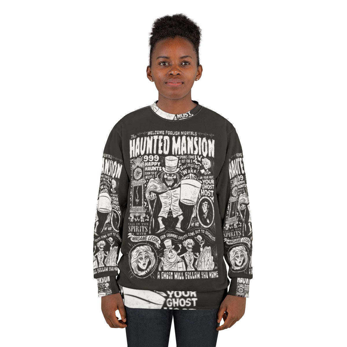 Spooky haunted mansion sweatshirt with horror theme - women