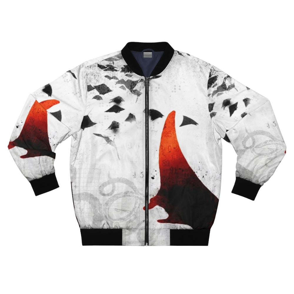 A red bomber jacket with a collage-style design featuring elements of sealife and a gritty, deep-sea aesthetic.