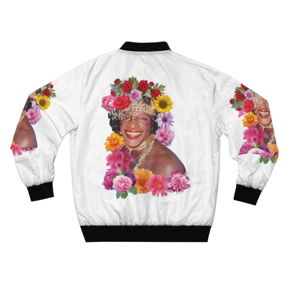 Marsha P. Johnson Floral Pride Bomber Jacket featuring a colorful floral design and "Marsha P. Johnson" text - Back