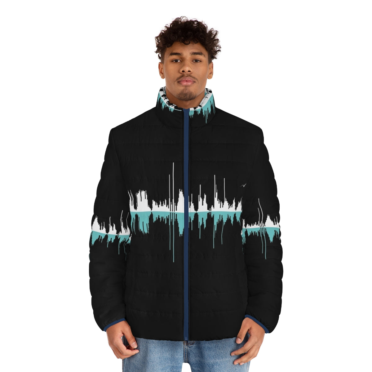 Black puffer jacket with white soundwave and city graphics - men front