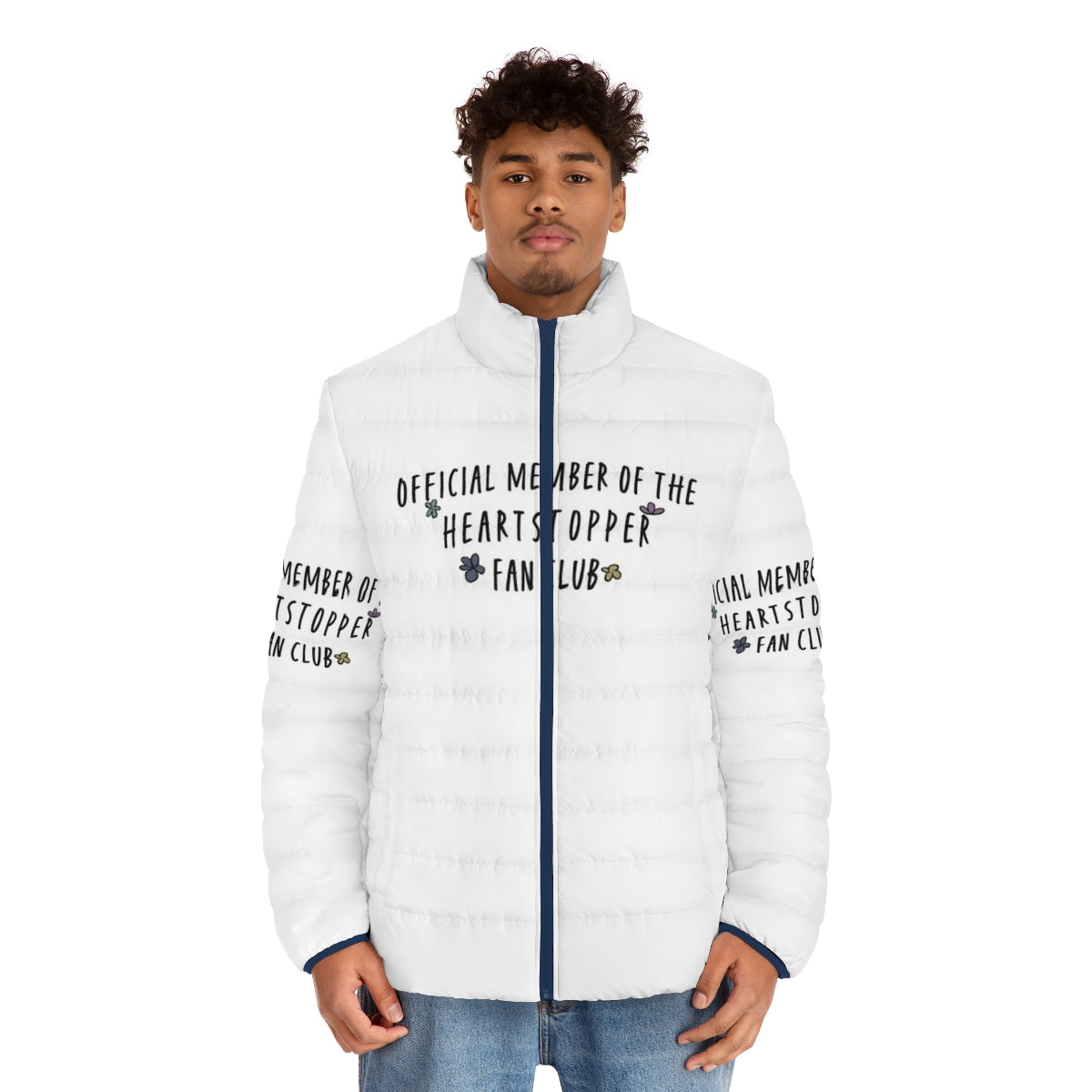 Heartstopper themed puffer jacket featuring the Heartstopper logo - men front