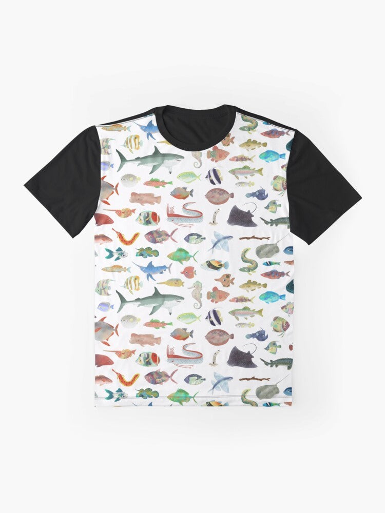 One Hundred Fish Graphic T-Shirt featuring a vibrant marine life design with sharks, whale sharks, and other ocean creatures - Flat lay