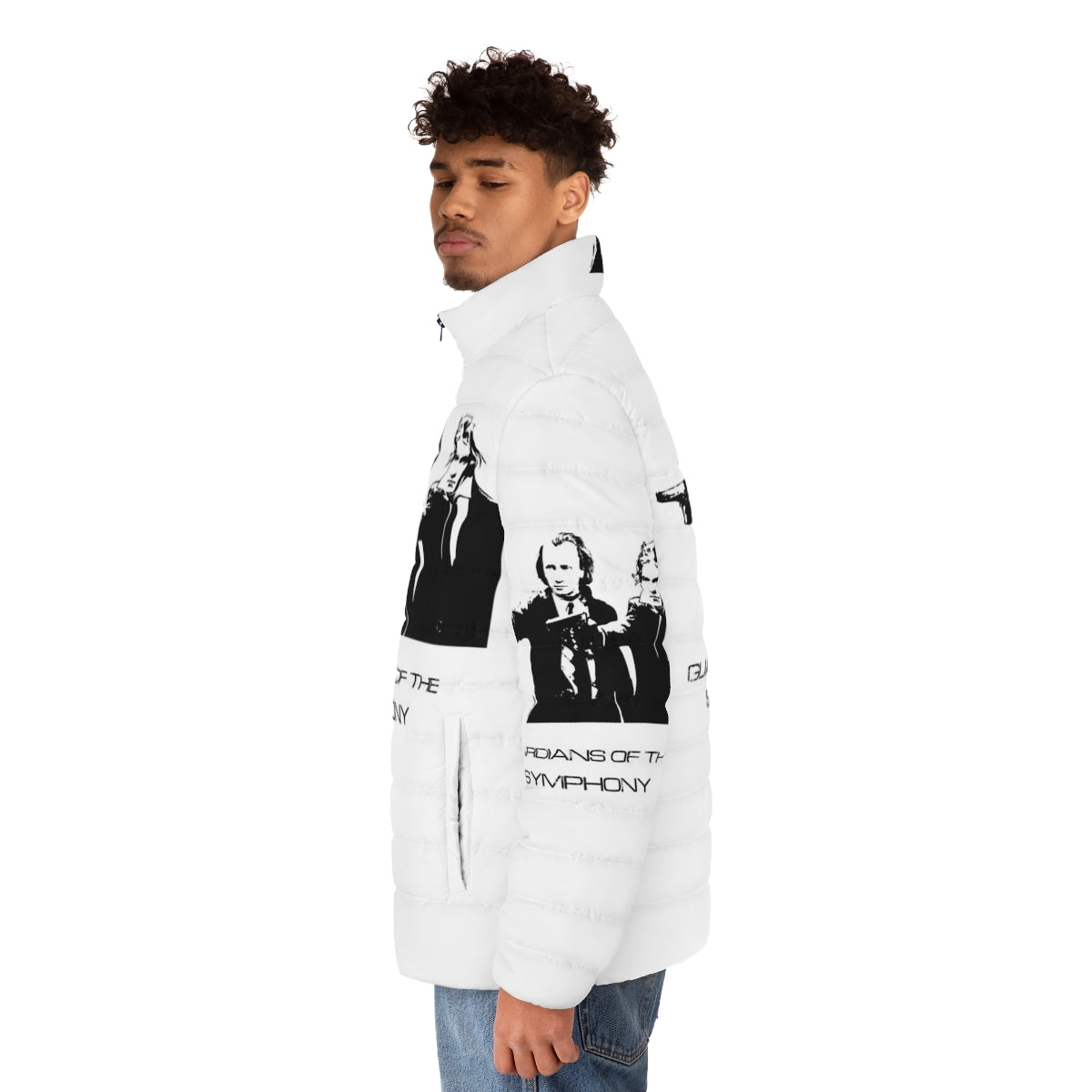 Composers puffer jacket featuring Brahms, Beethoven, and other classical music greats - men side left