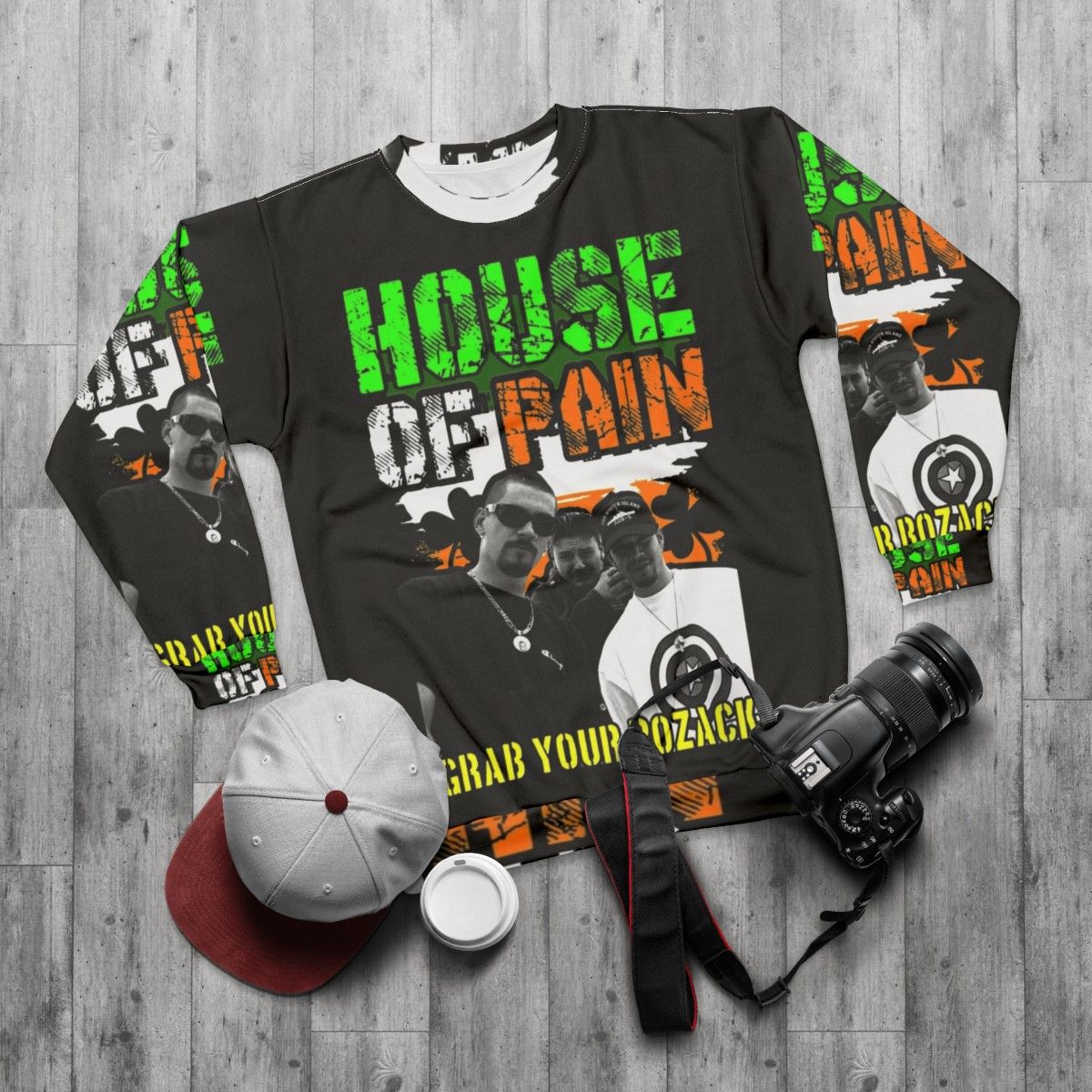 House of Pain 90s Long Sleeve Sweatshirt with Punk Music and Indie Band Graphics - flat lay