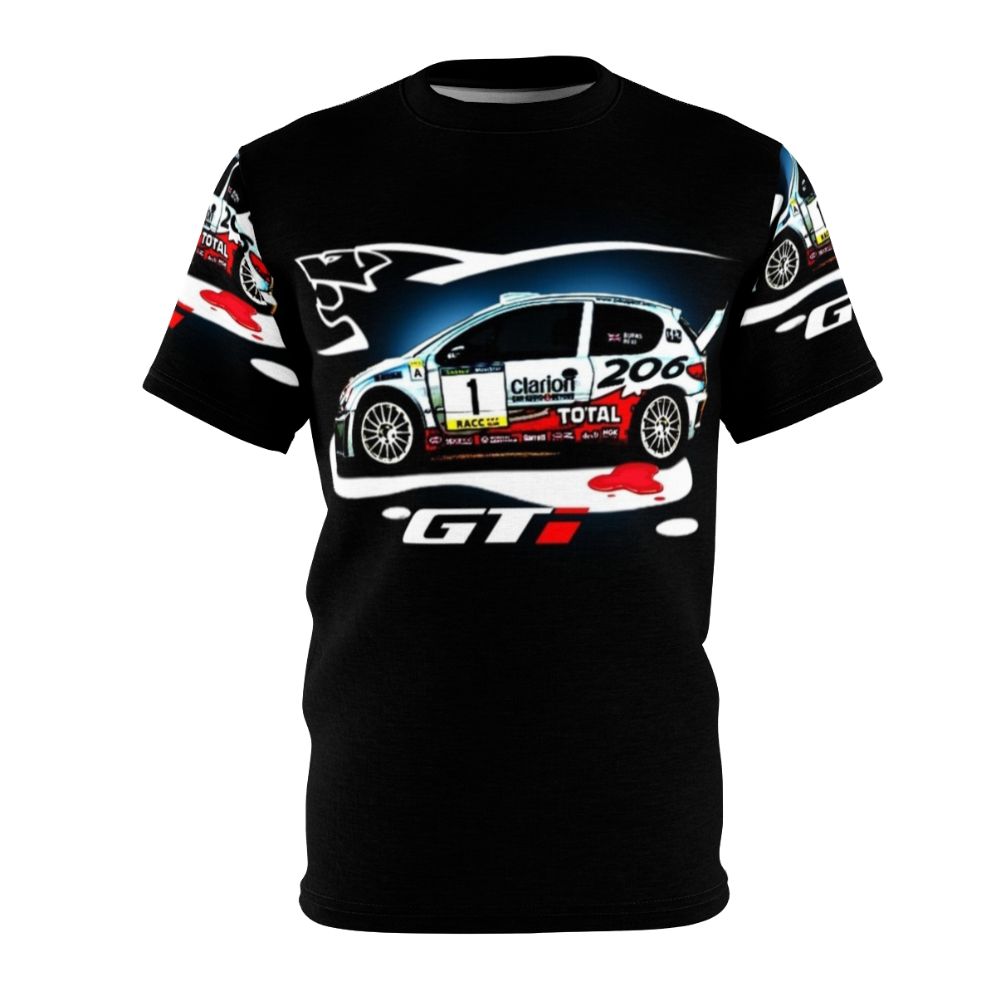 Peugeot 206 racing car silhouette graphic on a high-quality t-shirt