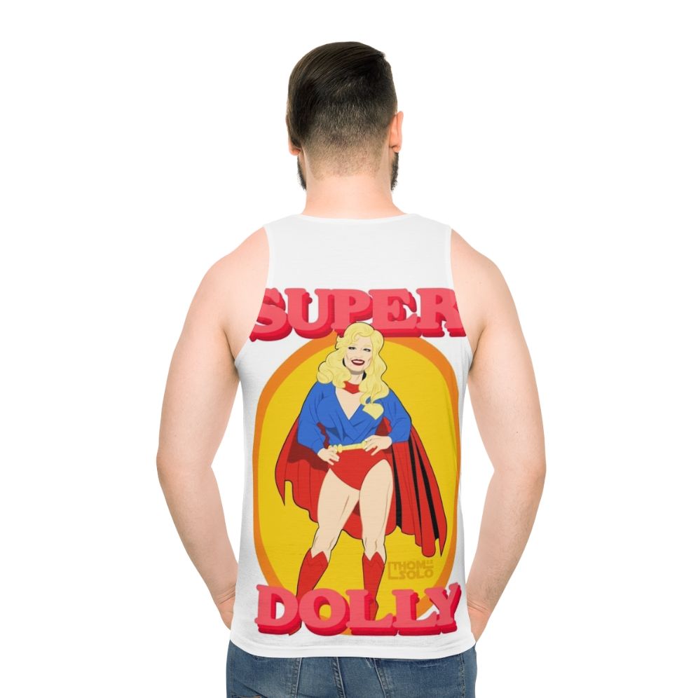 Unisex tank top with Dolly Parton and superhero pinup style - men back