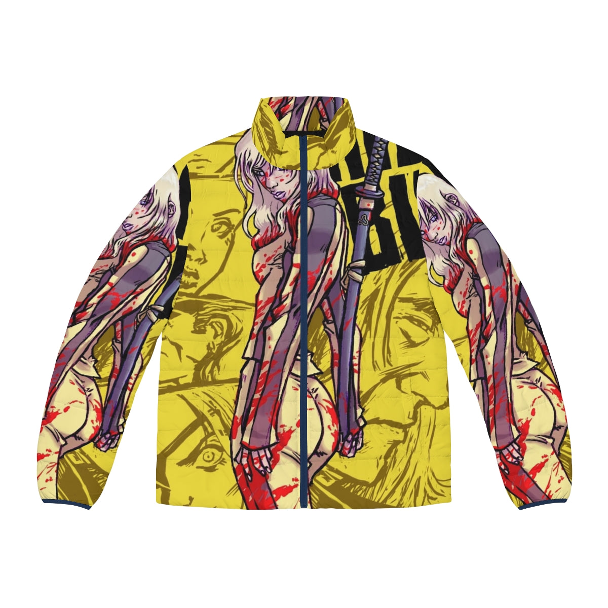 A stylish puffer jacket featuring iconic elements from the Kill Bill franchise and Gravity Falls universe