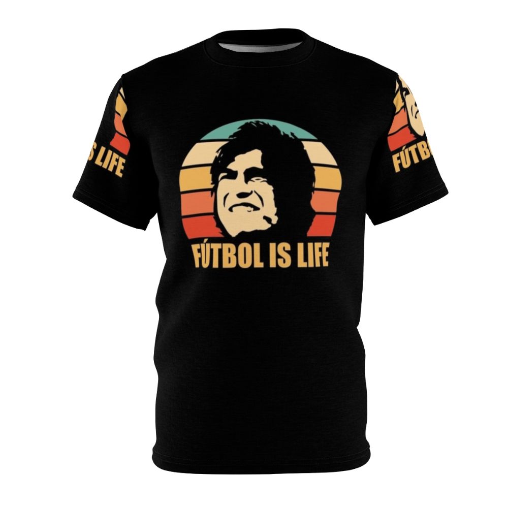 Futbol Is Life AOP T-Shirt, featuring a football-themed design inspired by the TV show Ted Lasso