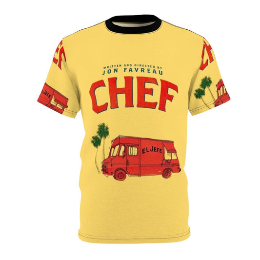 "El Jefe" food truck inspired graphic tee design featuring a vibrant all-over print (AOP) illustration