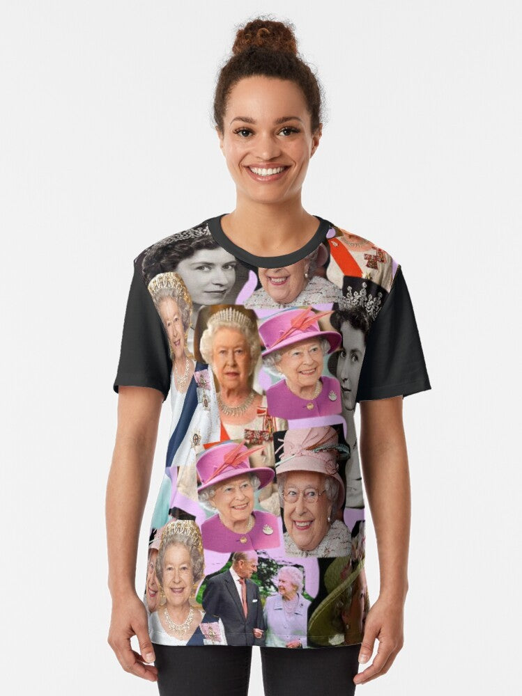 HRH Queen Elizabeth II Graphic T-Shirt, featuring a vibrant pop art collage design - Women