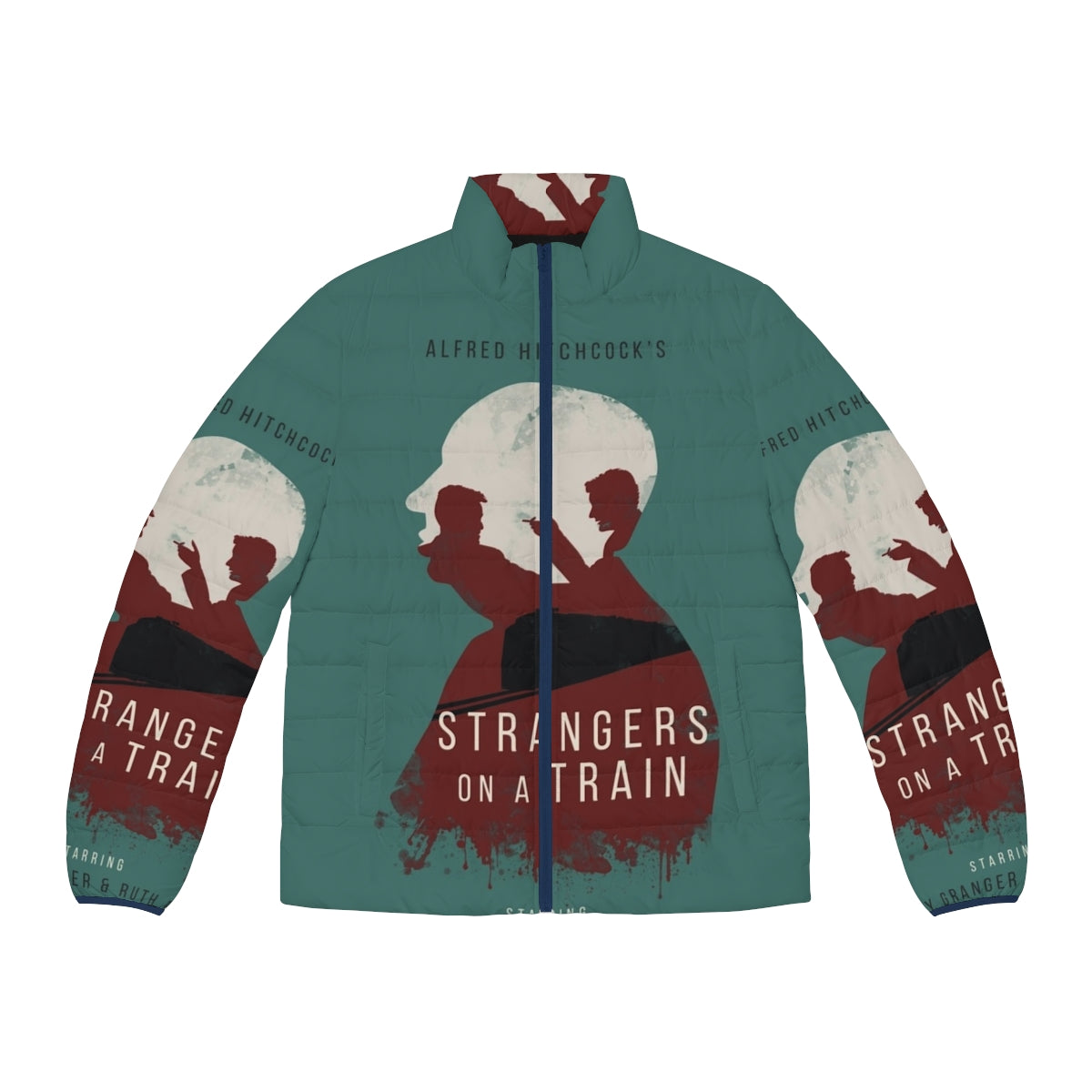 Alfred Hitchcock's Strangers on a Train inspired puffer jacket with classic movie graphics