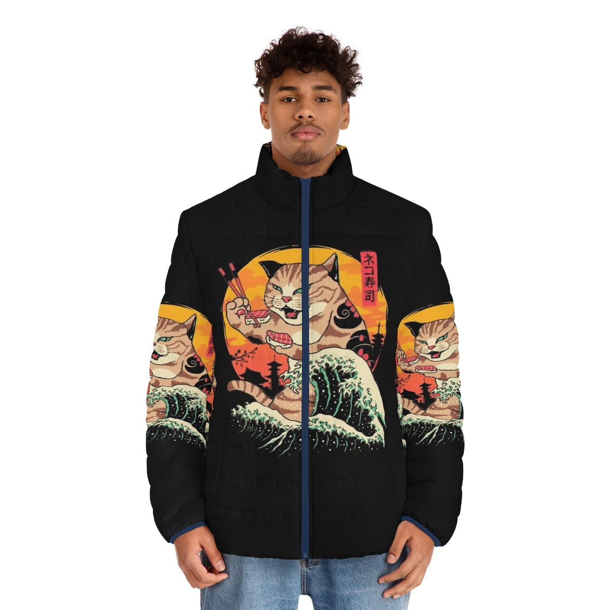 A puffer jacket featuring a cat and sushi design inspired by Hokusai's The Great Wave - men front