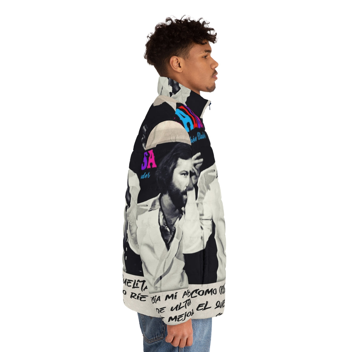 Ruben Blades Decisiones Puffer Jacket featuring iconic Puerto Rican salsa music - men side right