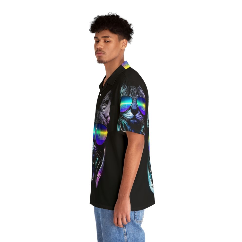 Music Lover Cat Hawaiian Shirt with Neon Equalizer Graphics - People Left