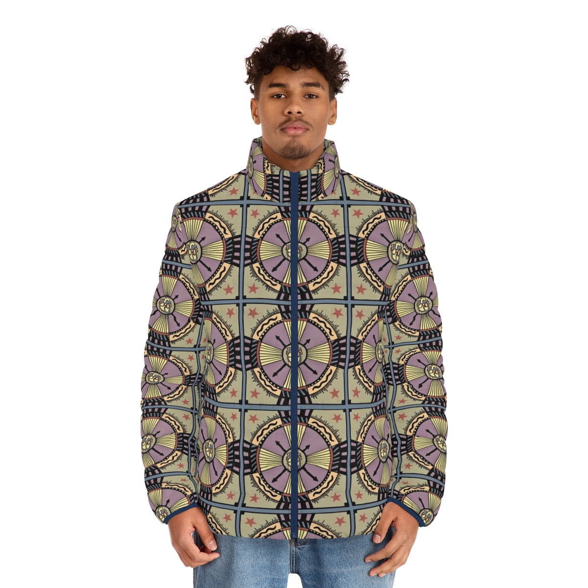 Person wearing Heartifact Follow Your Heart Puffer Jacket with mandala pattern - men front