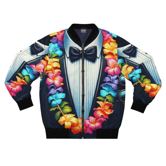 Hawaiian tuxedo-styled bomber jacket for vacation