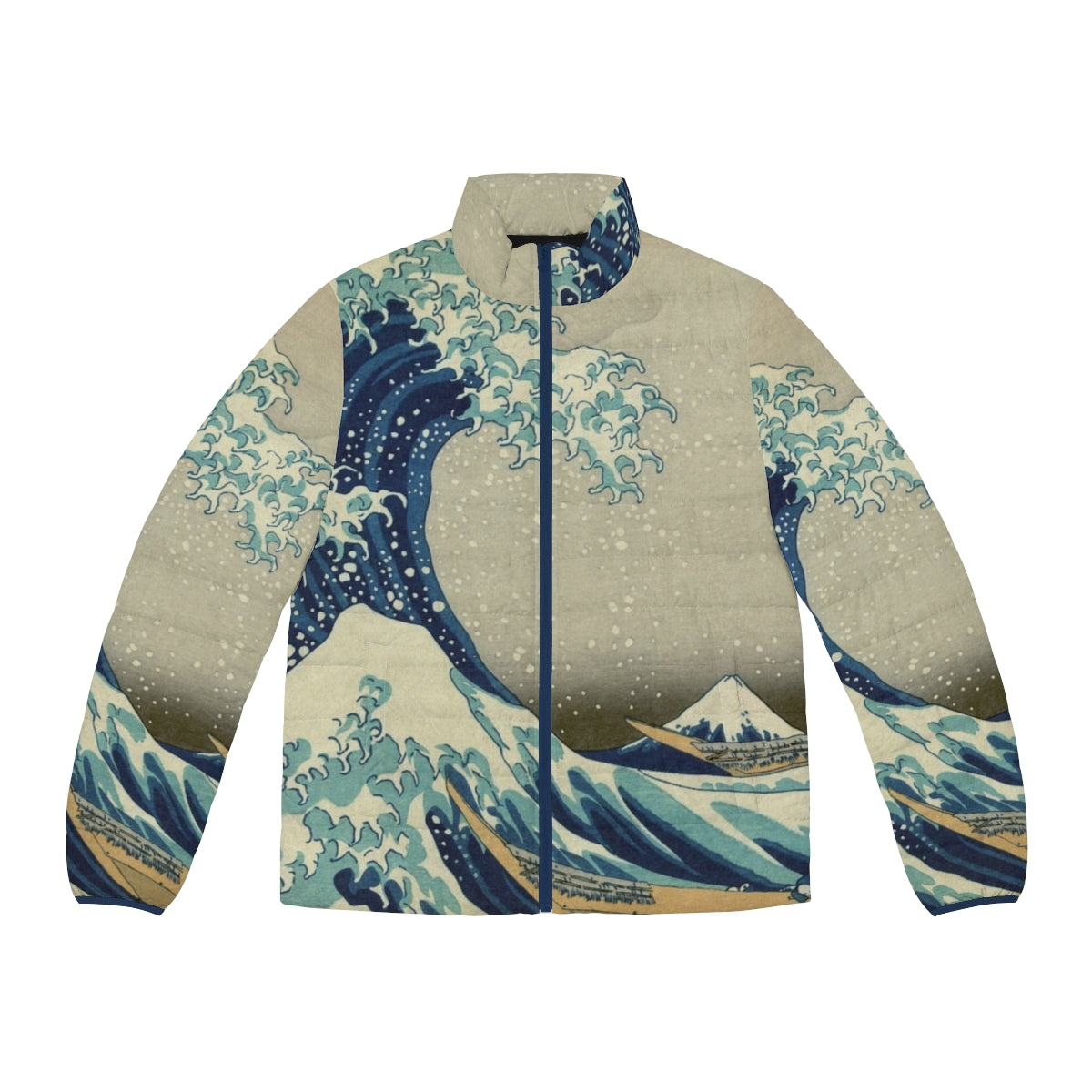 A puffer jacket featuring the iconic "The Great Wave off Kanagawa" Japanese woodblock print design