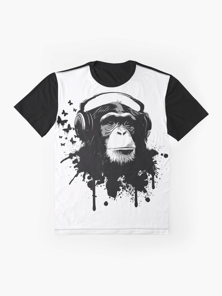 Monkey Business graphic t-shirt featuring a chimpanzee wearing headphones with a splash of butterflies and graffiti-style graphics - Flat lay