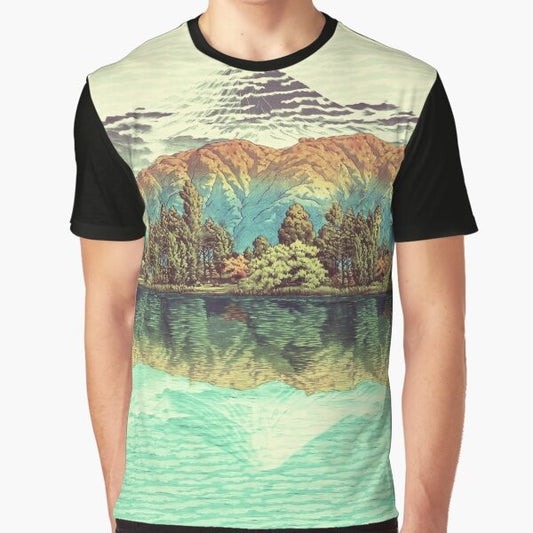 Ukiyo-e inspired nature landscape graphic t-shirt featuring hills, lake, reflection, and Mount Fuji