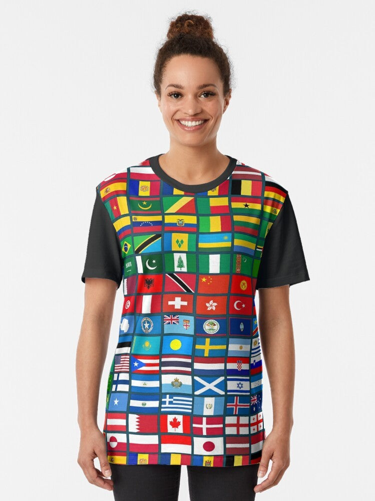 Graphic t-shirt design featuring flags of countries from around the world, perfect for geography enthusiasts and world travelers. - Women