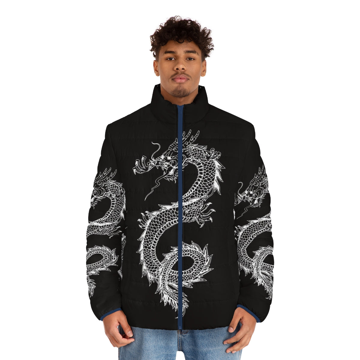 A stylish puffer jacket featuring a cool dragon silhouette design from the legendary animals collection. - men front