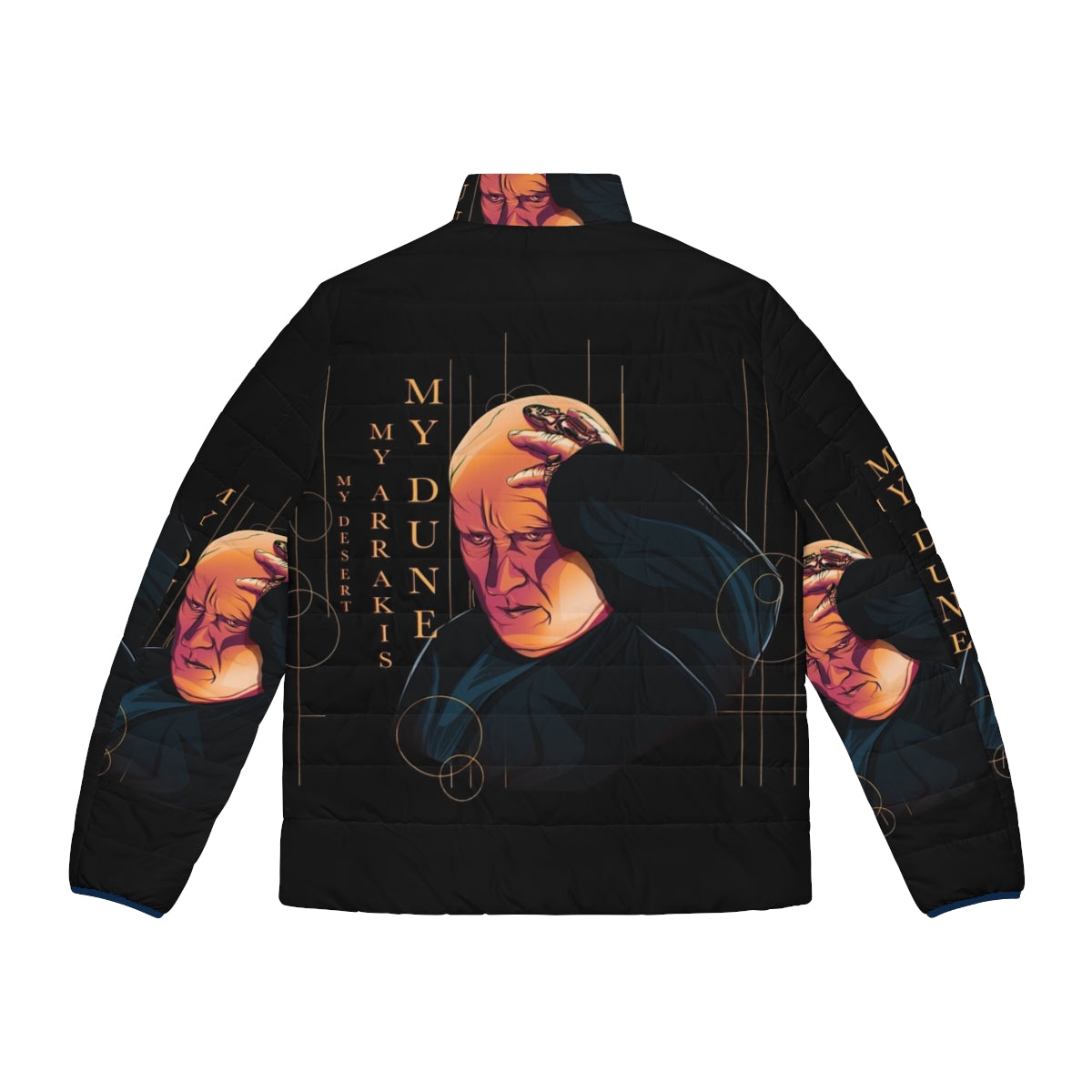 Dune Baron Harkonnen Puffer Jacket featuring shai hulud and desert planet Arrakis imagery - Back