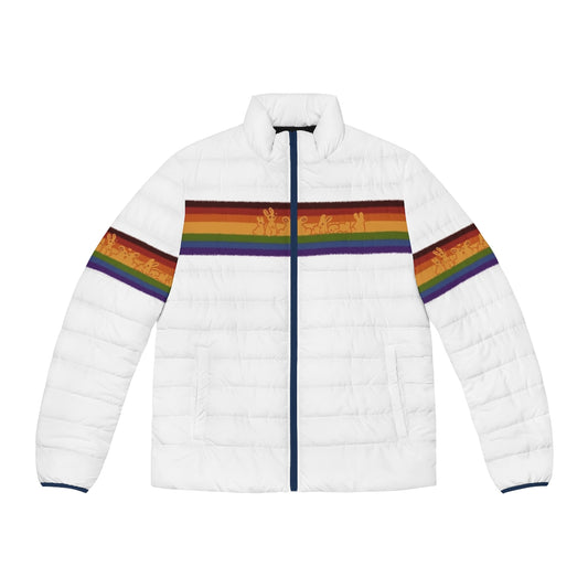 Gay pride puffer jacket with rainbow stripes and bold, colorful design