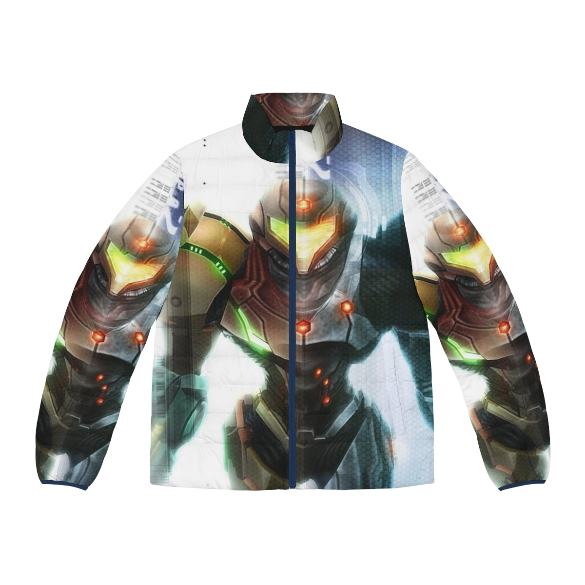 Metroid-themed puffer jacket with futuristic sci-fi design