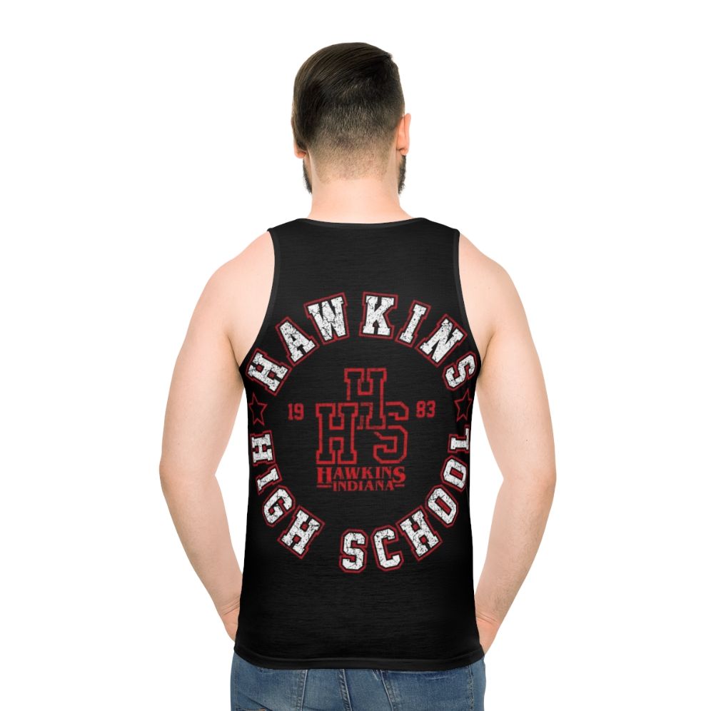 Retro unisex tank top with Hawkins High School and Stranger Things inspired design - men back