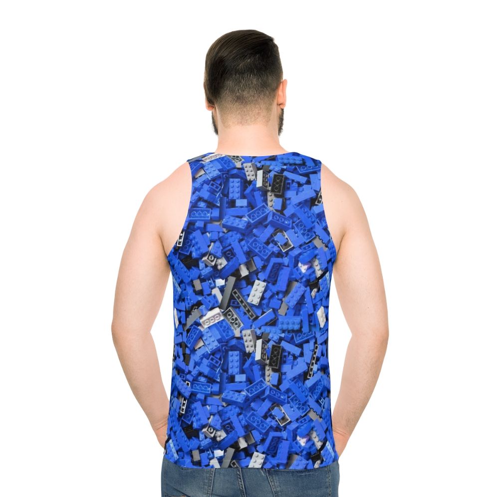 Blue unisex tank top with a repeating bricks/lego-inspired pattern - men back