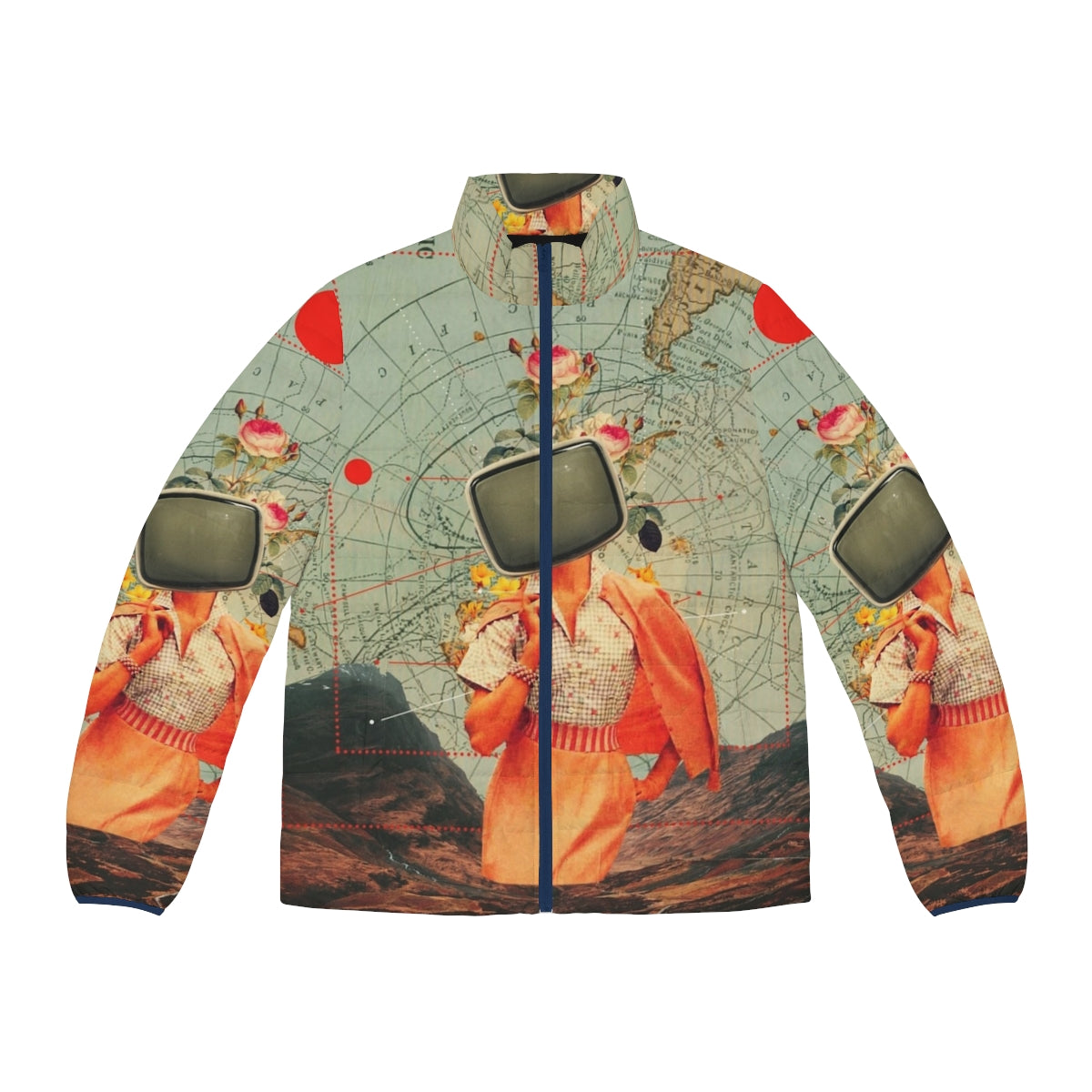 Retro graphic design puffer jacket with surreal collage elements