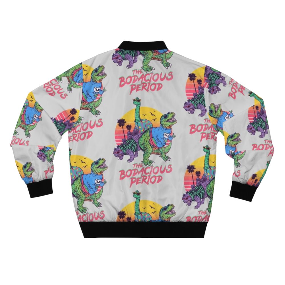 A dinosaur-themed 80s retro bomber jacket with a bold, colorful design. - Back