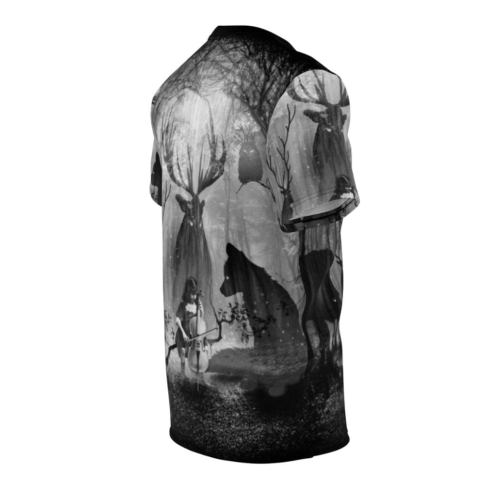 Enchanting forest cello music t-shirt with deer, fox, and wolf in a dreamy, fairytale-like woodland setting - men right