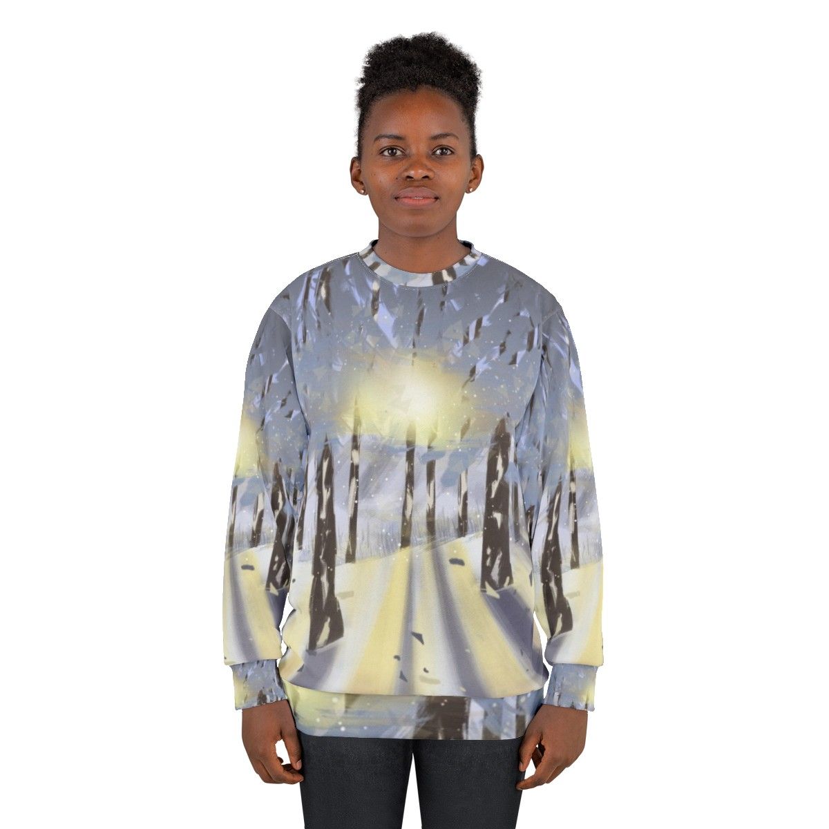 Cozy nature-inspired winter sweatshirt with forest and snow scene - women