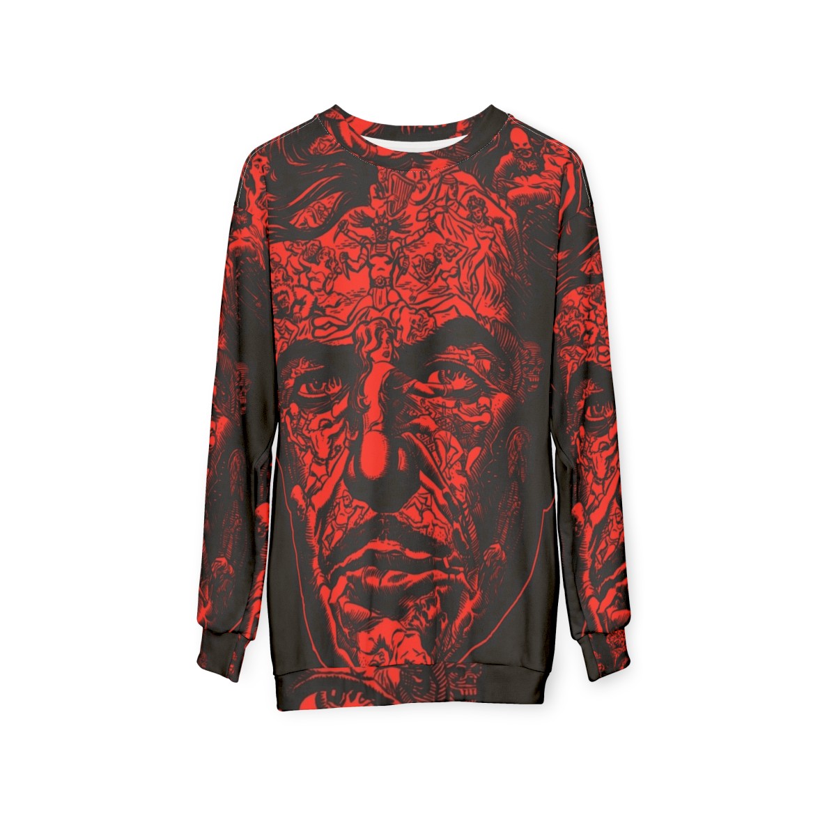 Red death sweatshirt featuring edgar allan poe's classic horror story - hanging