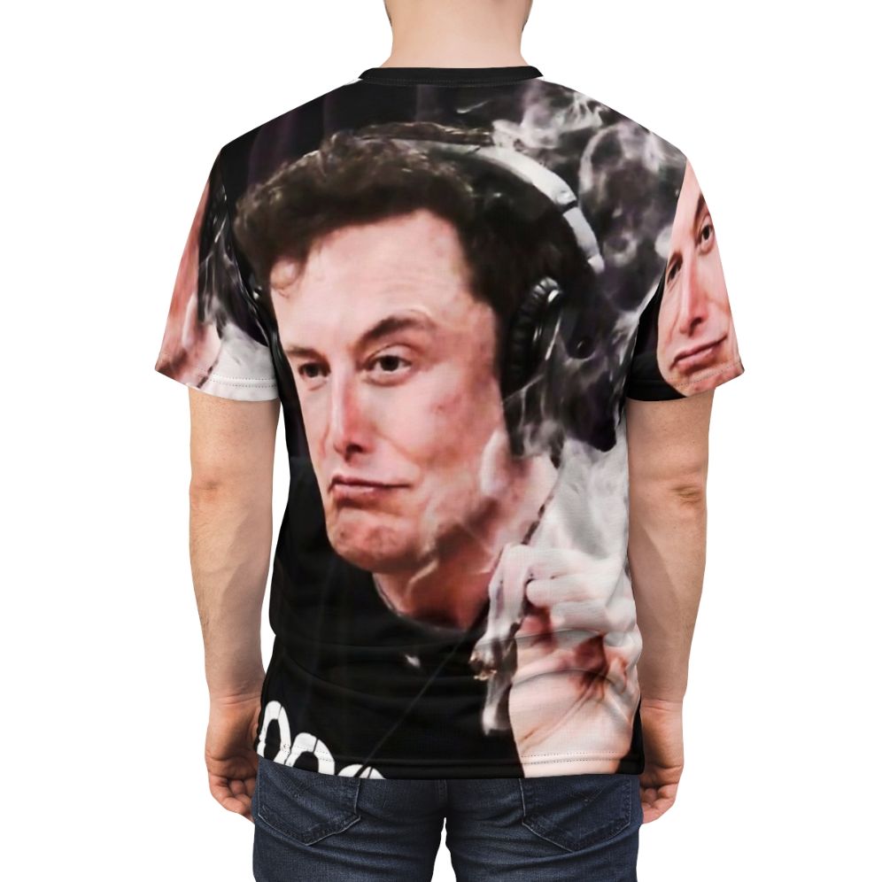 Unofficial Elon Musk inspired t-shirt featuring a meme design of Elon Musk smoking weed - men back