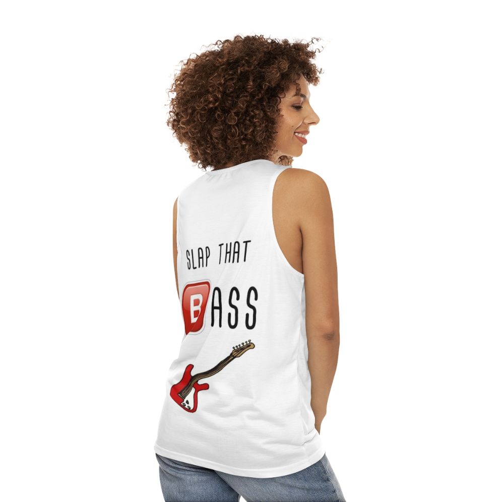 Unisex tank top with "Slap That Bass" design and impossible bassline theme - women back