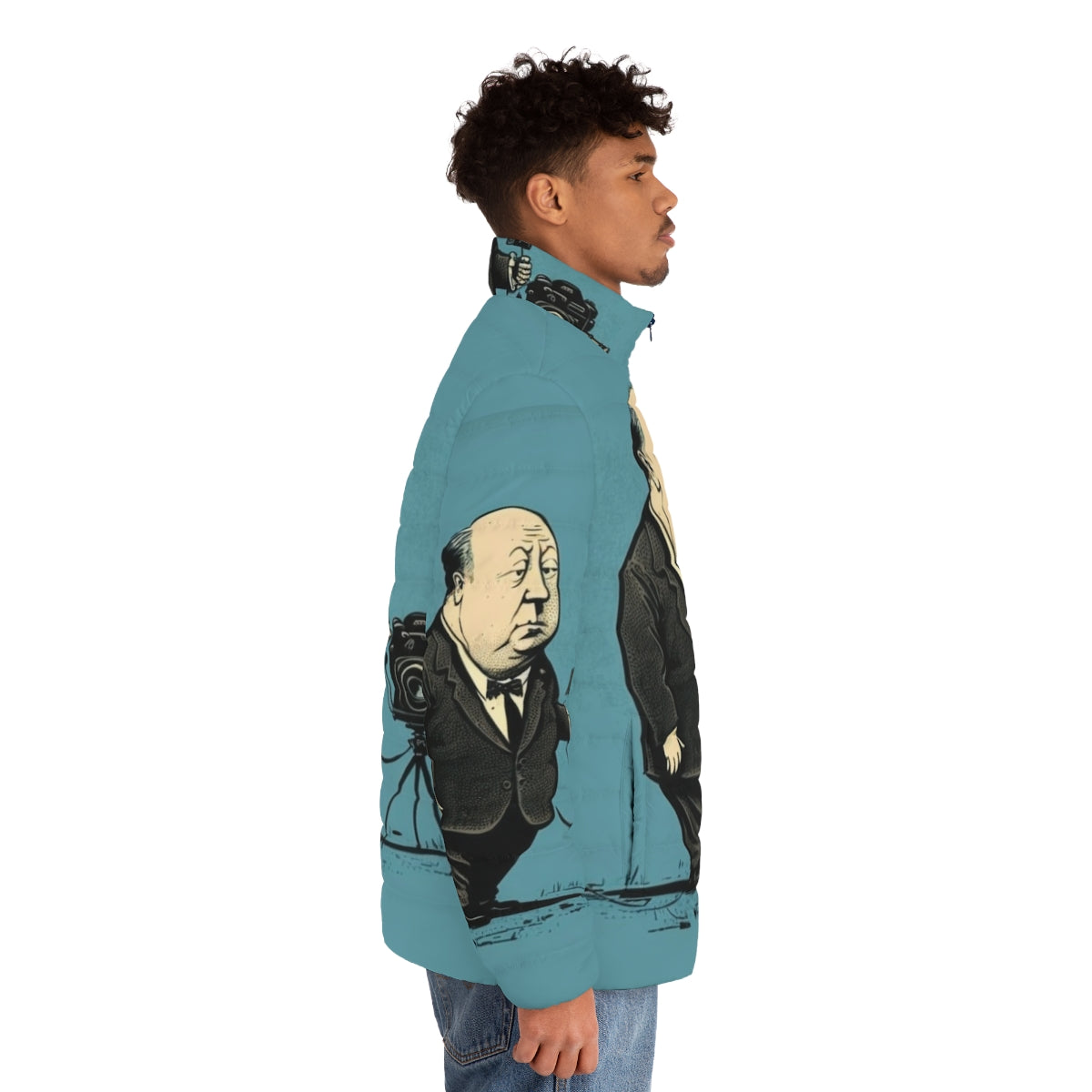 Alfred Hitchcock inspired puffer jacket with illustration design - men side right