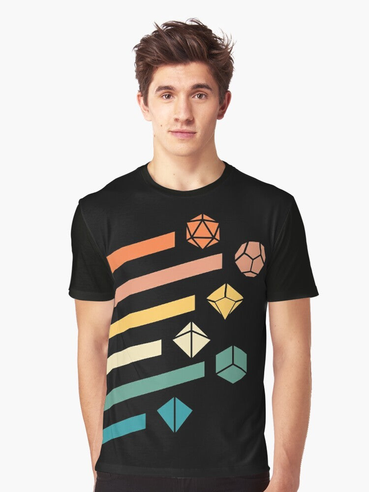 Retro polyhedral dice set in rainbow colors on a minimalist graphic t-shirt for dungeons and dragons fans. - Men